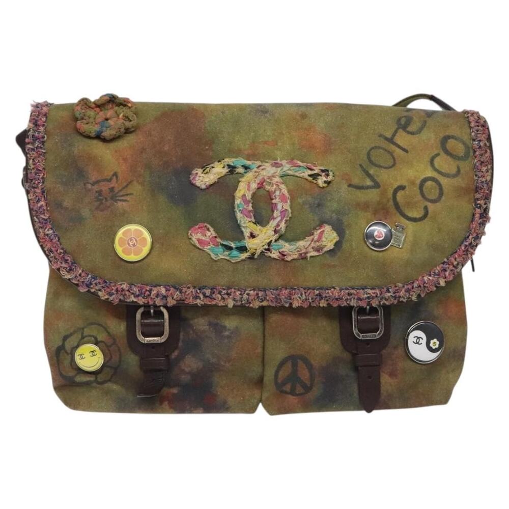 Chanel Embroidery Graffiti CC Canvas Leather Shoulder Bag Khaki